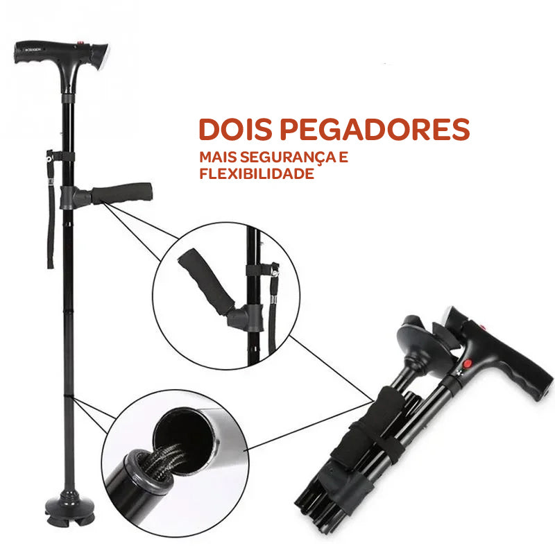 Bengala Dobrável com Lanterna LED, Alarme SOS e Altura Ajustável – Base 4 Pontas Antiderrapante