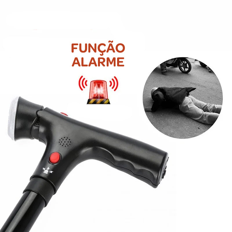Bengala Dobrável com Lanterna LED, Alarme SOS e Altura Ajustável – Base 4 Pontas Antiderrapante