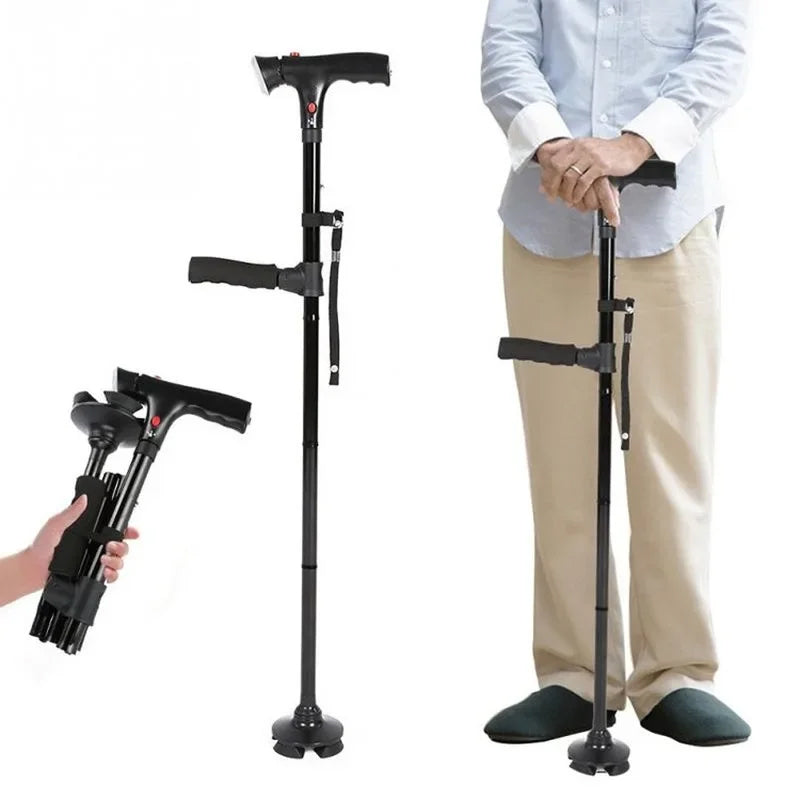 Bengala Dobrável com Lanterna LED, Alarme SOS e Altura Ajustável – Base 4 Pontas Antiderrapante