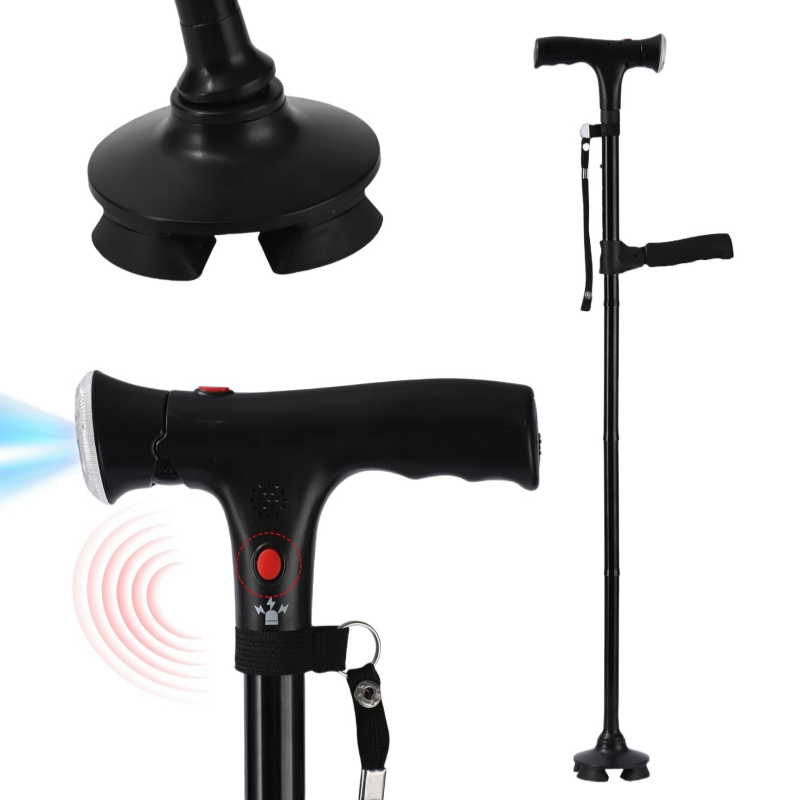 Bengala Dobrável com Lanterna LED, Alarme SOS e Altura Ajustável – Base 4 Pontas Antiderrapante