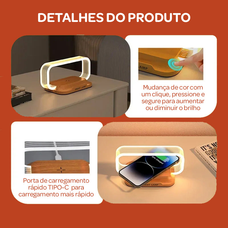 Luminária Mesa LED 3 Níveis DE Brilho + Carregador Wireless 10W (Qi) + Carregamento USB