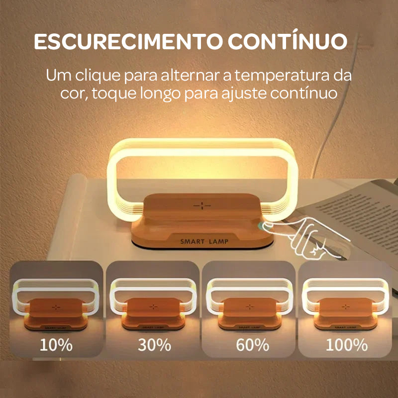 Luminária Mesa LED 3 Níveis DE Brilho + Carregador Wireless 10W (Qi) + Carregamento USB