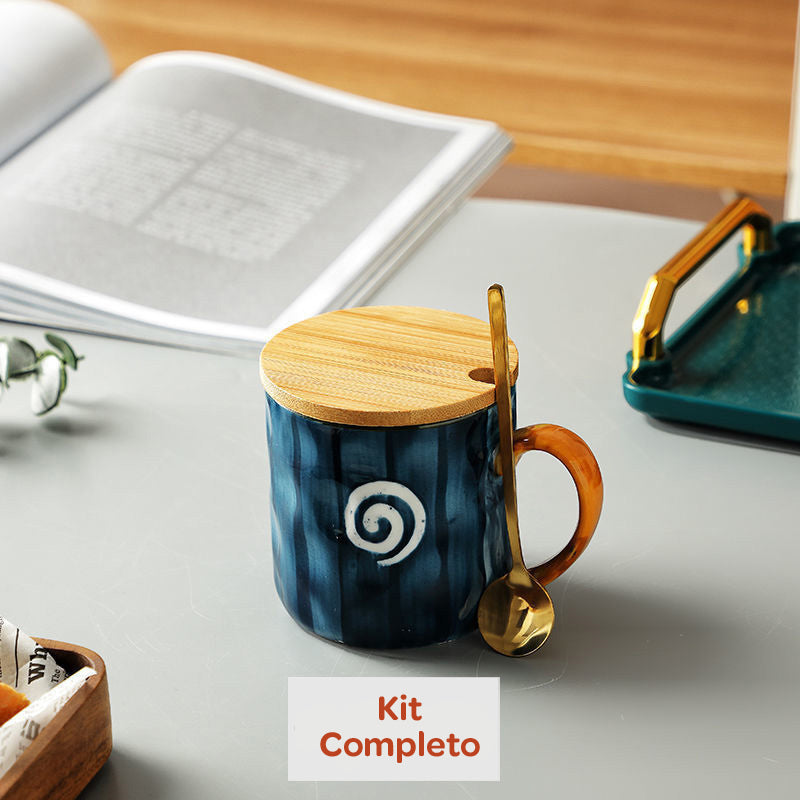 Caneca de Cerâmica 300ml com Tampa e Colher – 4 Estampas Exclusivas