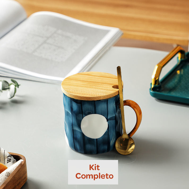 Caneca de Cerâmica 300ml com Tampa e Colher – 4 Estampas Exclusivas