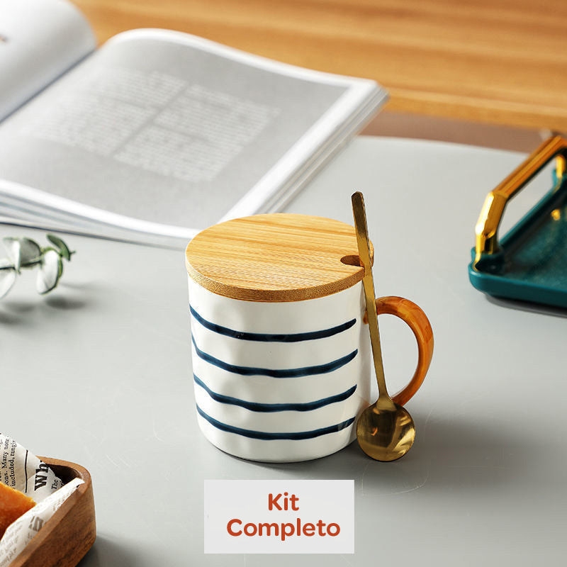 Caneca de Cerâmica 300ml com Tampa e Colher – 4 Estampas Exclusivas