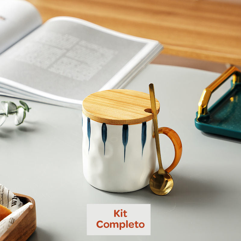 Caneca de Cerâmica 300ml com Tampa e Colher – 4 Estampas Exclusivas