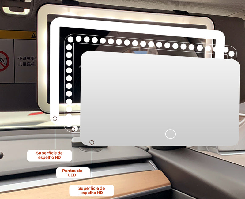 Espelho de Maquiagem com Luz LED para Carro – 3 Modos de Iluminação, Recarregável via USB, Fácil Instalação