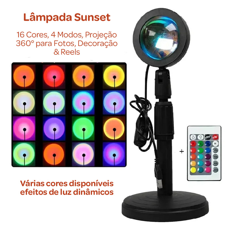 Luminária Sunset LED Giratória – 16 Cores, 4 Modos, Controle Remoto para Fotos & Decoração