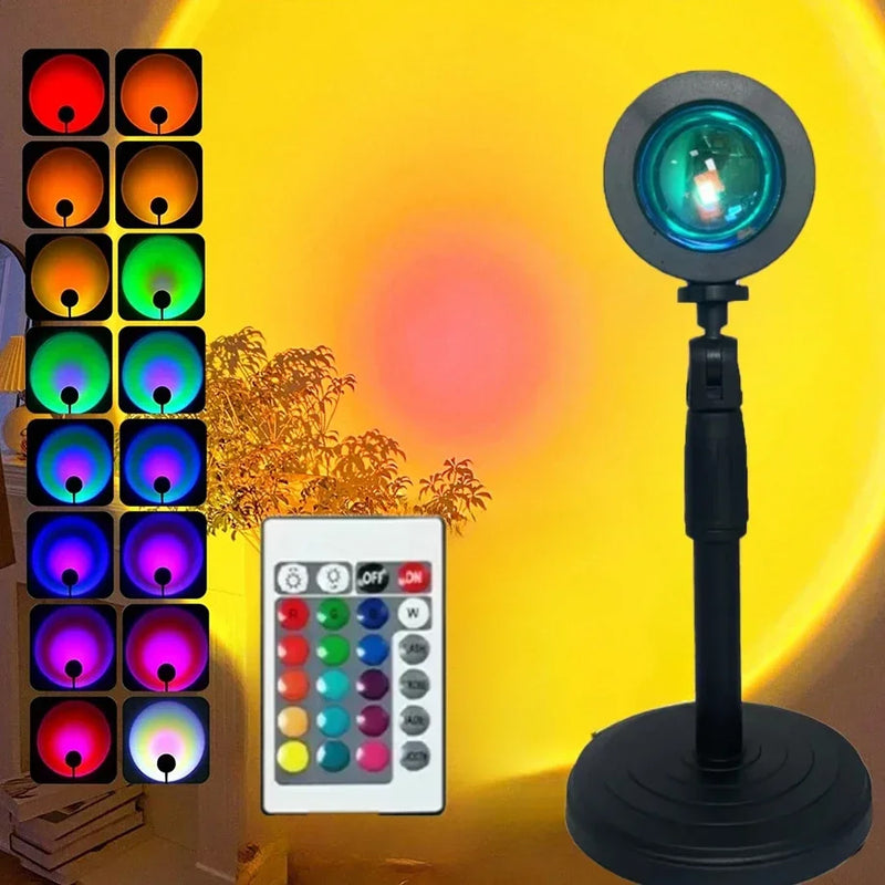 Luminária Sunset LED Giratória – 16 Cores, 4 Modos, Controle Remoto para Fotos & Decoração