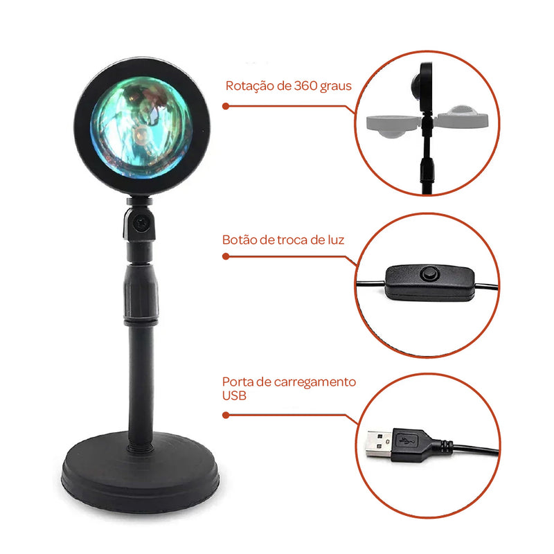 Luminária Sunset LED Giratória – 16 Cores, 4 Modos, Controle Remoto para Fotos & Decoração