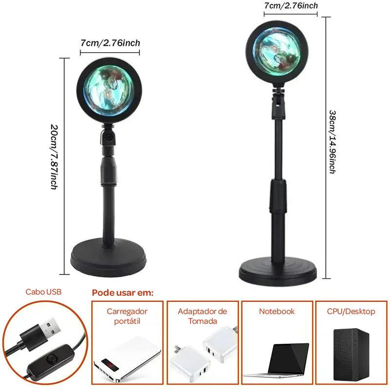 Luminária Sunset LED Giratória – 16 Cores, 4 Modos, Controle Remoto para Fotos & Decoração