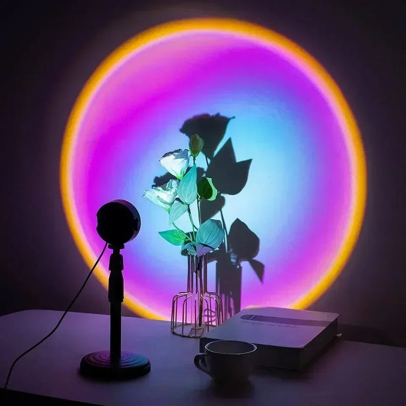 Luminária Sunset LED Giratória – 16 Cores, 4 Modos, Controle Remoto para Fotos & Decoração