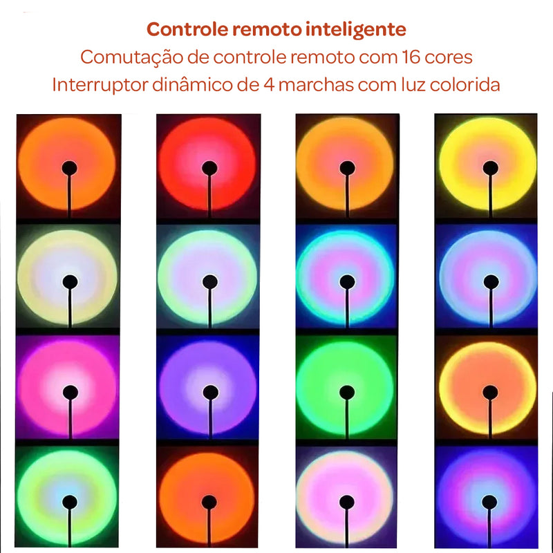 Luminária Sunset LED Giratória – 16 Cores, 4 Modos, Controle Remoto para Fotos & Decoração