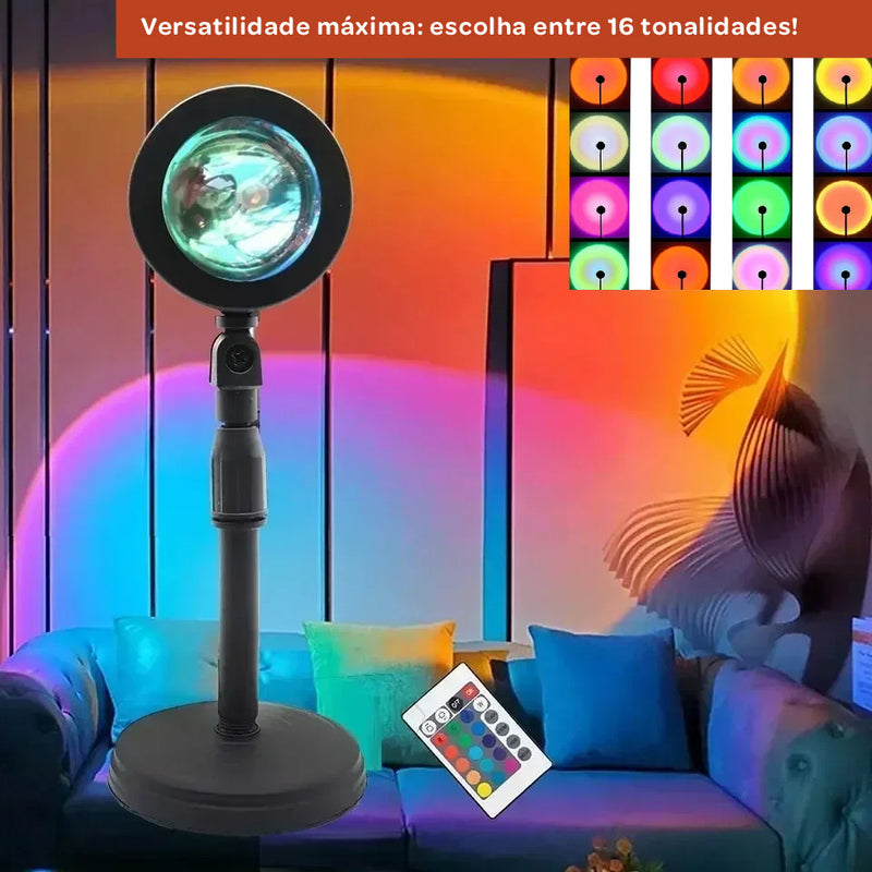 Luminária Sunset LED Giratória – 16 Cores, 4 Modos, Controle Remoto para Fotos & Decoração