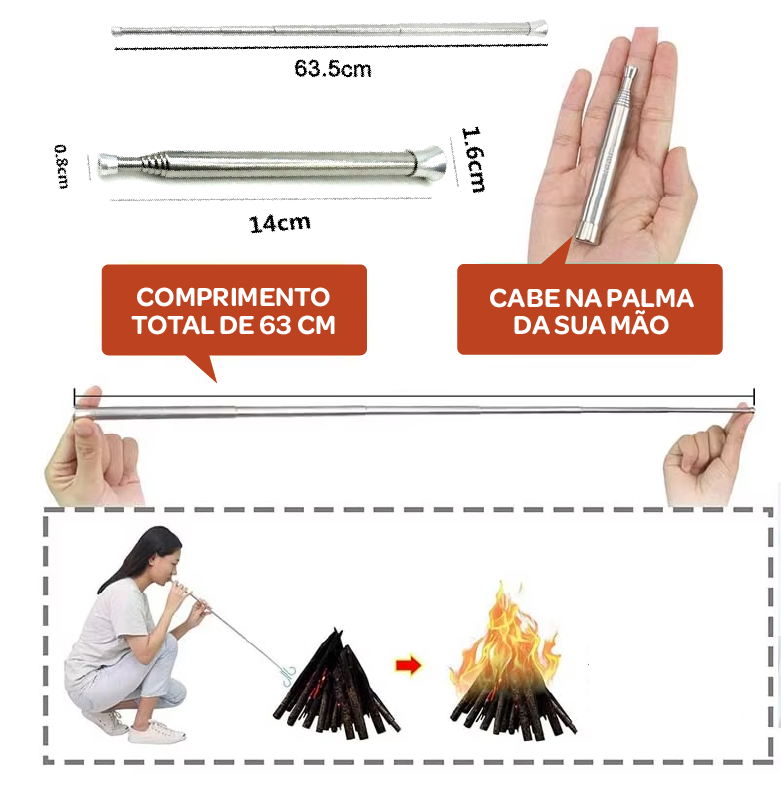 Soprador Telescópico para Churrasqueira e Fogueira - Aço Inoxidável - Portátil e Resistente